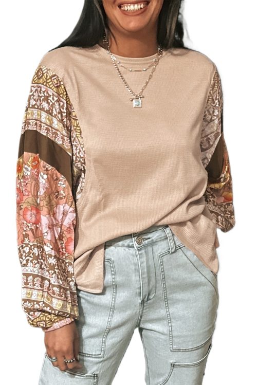 Women's Boho Chic Parchment Contrast Floral Patchwork Puff Sleeve Top