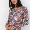 Women's Orchid Petal Floral Print Mesh Fitted Long Sleeve Top - Elegant & Breathable - Image 6