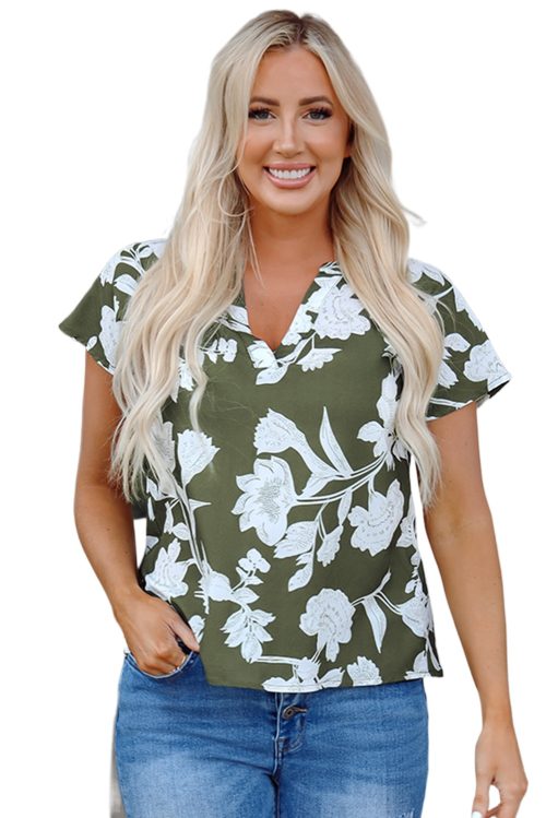 Chic Women's Green Floral Print Short Sleeve Blouse with Split Neck Design