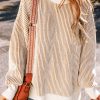 Women's Chestnut Striped Textured Knit Contrast Edge Loose Sweater - Image 7