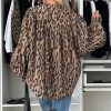 Women's Light French Beige Oversized Leopard Print Balloon Sleeve Casual Shirt - Image 5