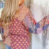 Women's Orange Mixed Floral Printed Long Sleeve Tied V Neck Blouse - Image 2