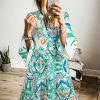 Women's Green Tribal Printed Mini Dress with Buttoned Flounce Sleeves - Image 5