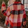 Plus Size Women's Orange Plaid Print Flap Pockets Buttoned Casual Jacket - Image 2