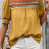 Chic Mustard Geometric Short Puff Sleeve Blouse with Frilled Collar - Image 12