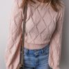 Women's Gossamer Pink Openwork Plaid Puff Sleeve Cropped Sweater - Image 3