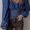 Women's Dark Blue Smocked Ruffled Puff Sleeve Denim V Neck Blouse - Image 3