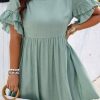 Elegant Grass Green Ruffle Trim Short Sleeve Plus Size Flared Mini Dress - Image 5