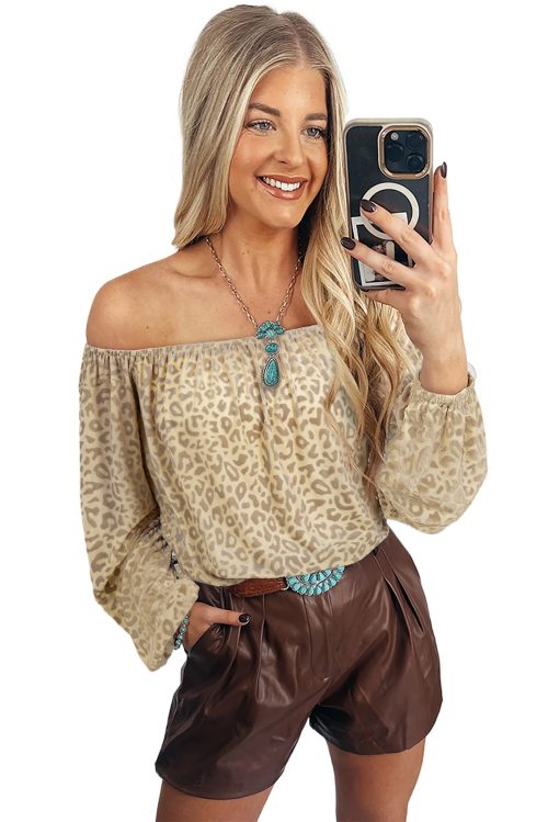 Women's Beige Leopard Velvet Burnout Off Shoulder Long Sleeve Blouse