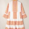 Women's Orange Geometric Print Ruffle Tiered Mini Dress with V Neck - Image 7