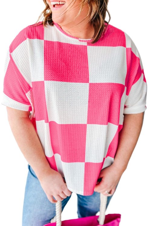 Women's Plus Size White Textured Checkerboard Round Neck T-Shirt - Casual Summer Style