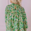 Women's Green Leafy Printed Flounce Sleeve Shirred Mock Neck Blouse - Elegant Floral Design - Image 3