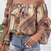 Women's Apricot Paisley Printed Off Shoulder Blouse with Ruffled Draped Sleeves - Image 8