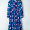 Women's Blue Floral Peasant Sleeve Tiered Ruffle Midi Dress - Image 9