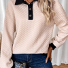 Women's Oatmeal Textured Colorblock Edge Buttoned Collar Sweatshirt - Image 2