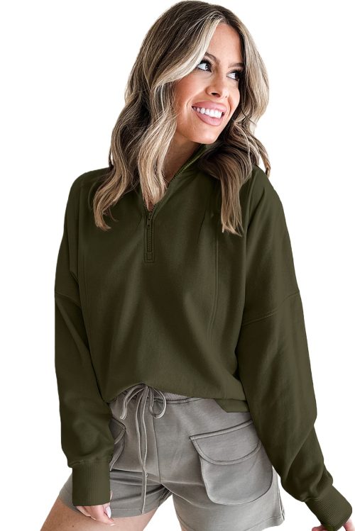 Women's Jungle Green Zipped Neck Pullover Drop Shoulder Sweatshirt - Casual and Chic