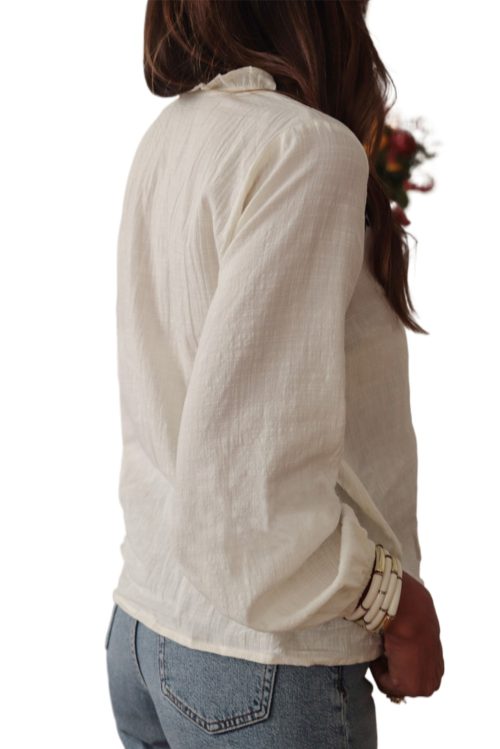 Elegant Women's White Floral Embroidered Frilled V Neck Puff Sleeve Blouse