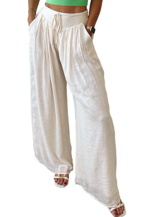 Women's White Casual Tie Waist Pleated Wide Leg Pants for Summer