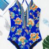 Women's Blue Floral Plunging Neckline One-Piece Swimsuit with Crisscross Back - Image 12