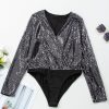 Women's Black Sequin Mesh Long Sleeve Surplice Neck Bodysuit - Image 3