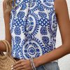 Women's Blue Vintage Print Pintuck Crew Neck Tank Top - Bohemian Style - Image 6