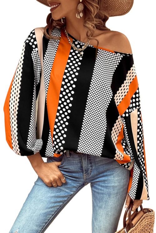 Women's Orange Polka Dot and Vertical Striped Puff Sleeve Blouse - Elegant Casual Top