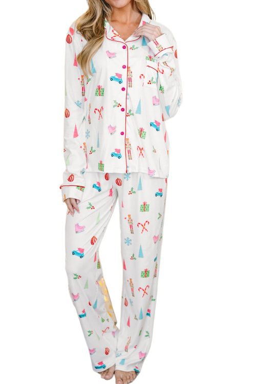 Women's White Christmas Print Lapel Sleep Shirt and Pants Set