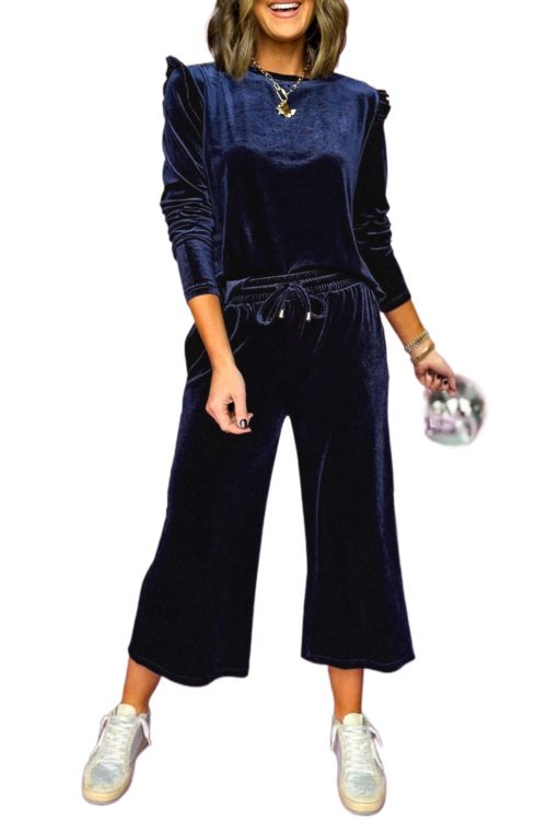 Women's Navy Blue Velvet Ruffled Two Piece Pants Set