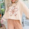 Beige Plus Size Flower Patched Crewneck Top with Side Slits for Stylish Comfort - Image 5