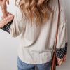 Women's Beige Floral Patchwork Textured Knit Drawstring V Neck Blouse - Image 2