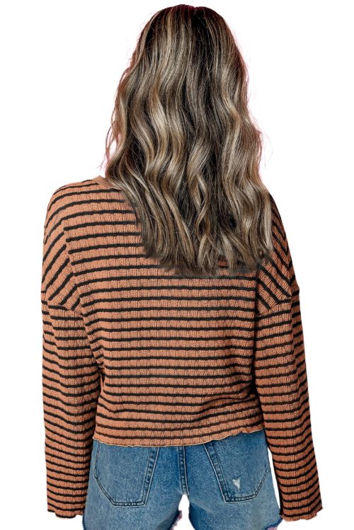 Women's Brown Stripe Textured Frilly Trim Long Sleeve Henley Top