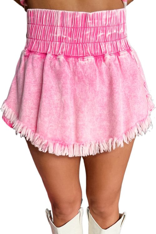 Women's Pink Washed Denim Shorts with Wide Smocked Waistband and Frayed Hem