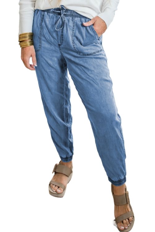 Women's Plus Size Dusk Blue Drawstring Waist Pocketed Denim Joggers for Casual Style