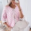 Women's Light Pink Checkered Knitted Lace-Up Ruffled 3/4 Sleeve Cardigan - Image 3