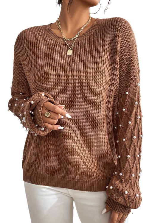 Women's Chestnut Beaded Drop Shoulder Round Neck Sweater