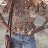 Women's Yellow Floral Print Smocked Bubble Sleeve Ruffled Crop Top - Image 3