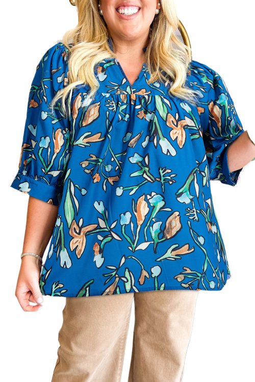 Elegant Blue Floral Notched V Neck Half Sleeve Plus Size Blouse for Women