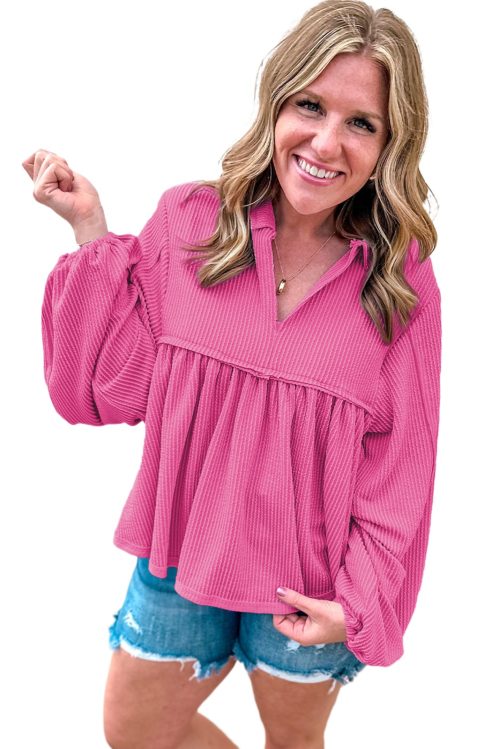 Women's Bright Pink Bubble Sleeve Turn-down V Neck Corded Blouse