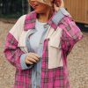 Women's Red Plaid Waffle Knit Patchwork Plus Size Shirt - Image 10