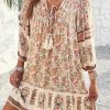 Women's Apricot Floral Print Mini Dress with Tassel Drawstring and V Neck - Image 3