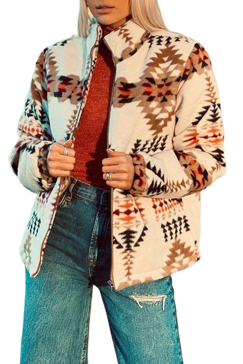 Women's Beige Aztec Printed Stand Neck Zip-Up Jacket