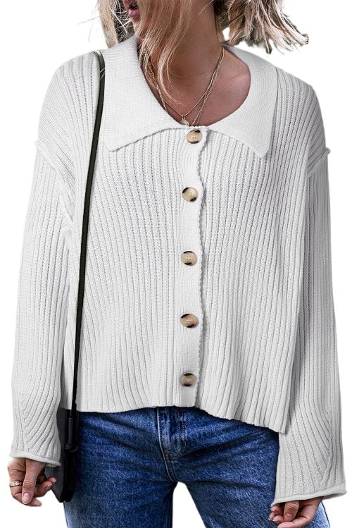 Women's White Collared Button-Up Loose Fit Casual Sweater Cardigan