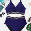 Plus Size Navy Blue Embroidered Trim Wrap Tie Knot High Waisted Bikini - Image 15