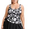 Black Plus Size Printed Square Neck Drawstring Ruffled Tankini Set for Women - Image 29