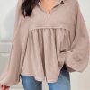 Women's Parchment Corded Turn-down V Neck Bubble Sleeve Babydoll Blouse - Image 5