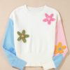 Women's Multicolor Floral Embroidered Colorblock Fuzzy Drop Shoulder Sweater - Image 7