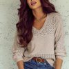 Women's Brown Eyelet Pattern V Neck Drop Shoulder Sweater - Casual Chic for Fall - Image 14