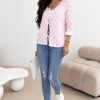 Women's Light Pink Checkered Knitted Lace-Up Ruffled 3/4 Sleeve Cardigan - Image 8