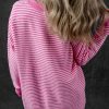 Women's Pink Striped Scallop V Neck Loose Sweater with Side Slits - Image 3