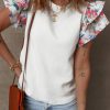 Women's White Abstract Print Tiered Ruffled Sleeve Textured Knit Top - Image 8